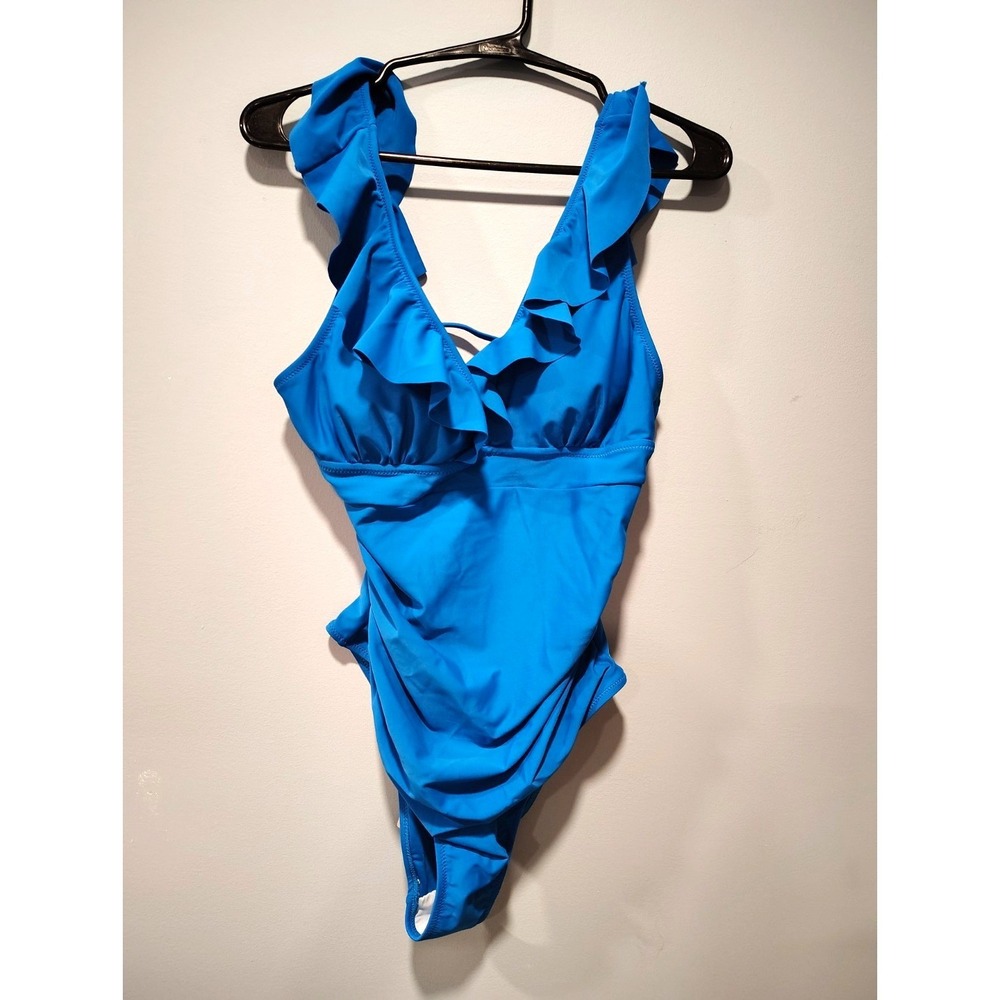 CUPSHE Women's Blue Solid Ruffle Halter Lined One-Piece Swimsuit, Size M